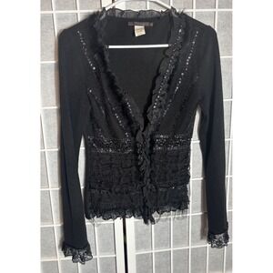 Vintage Black Sequin and Lace Wool/cotton cardigan size small whimsygoth fairy